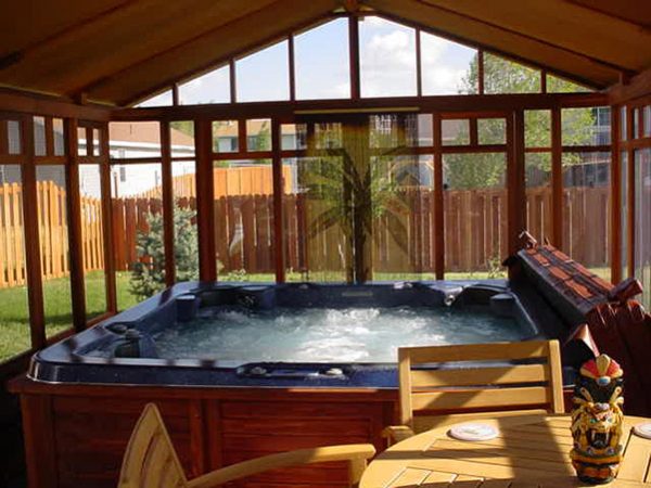 chalet gazebo interior view with hot tub