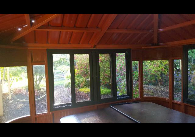 a view from inside an Aspen hot tub enclosure